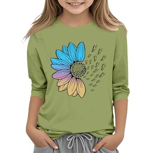 Youth Kids Girls 3/4 Sleeve T Shirt Crewneck Cute Cotton Shirts Casual Colorful Print Blouses Casual T