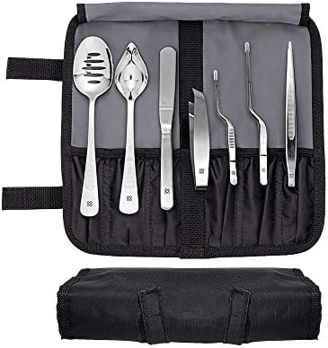 DOJA Barcelona | Chef Plating tools culinary set | SILVER | 7 Professional cooking Utensils | 3 kitchen tweezers Drawing Pencil Spoon Fish tongs Spatula Slotted spoon | Modernist cuisine food art