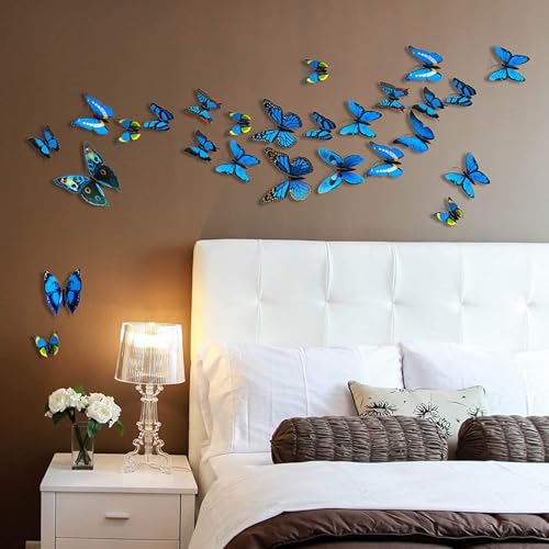 Butterfly Wall Sticker Decor 24PCS 3D Butterflies Stickers for Party Decorations with Magnets and Gum Removable and Reusable (Blue)