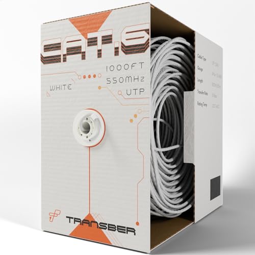 Transber, CAT6 1000ft Ethernet Cable Solid UTP Up to 10Gbps 550Mhz 23AWG 4x2 Pair Bulk Cable Network PoE++/4PPoE LAN Wire 1000-feet Easy Pull Box (White)