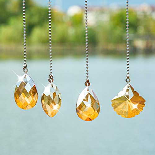 Image of Set of 4 Crystal Champagne Prism Drop Ceiling Fan Pull Chain Extender Decorative Switch