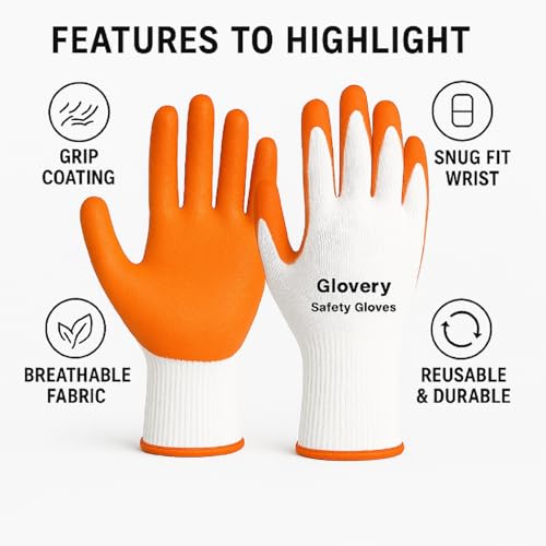Image of Nylon Safety Work Gloves with Nitrile Coating - Industrial-Grade Protection for Cleaning, Warehouse, Mechanics, Construction - Durable, Flexible, Non-Slip Grip (White & Orange, 10 Pair)