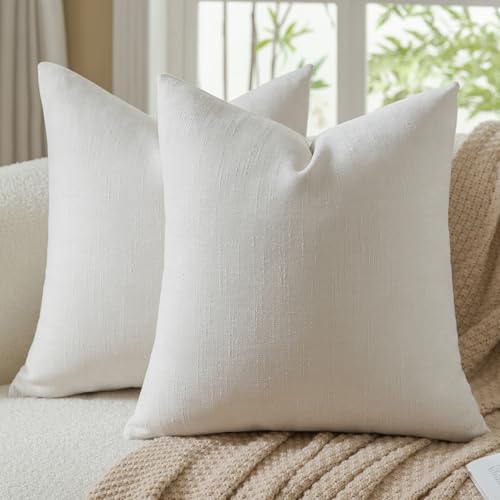 MANDIOO Pack of 2 Faux Linen Chenille Throw Pillow Covers Decorative Pillow Covers Velvet Accent Cushion Cover Pillow Case for Couch Sofa Living Room Bedroom Farmhouse Decor 18x18 Inch CreamWhite