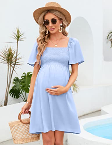 KOJOOIN Summer Maternity Dress Women Smocked Square Neck Puff Sleeve Off Shoulder Pregnancy Baby Shower Photoshoot Dress — view 4