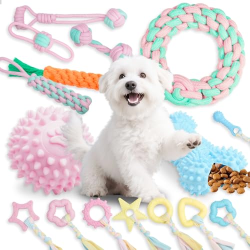 XKGSLNB 16 Pack Cute Pink Puppy Chew Toys for Teething, Soft Durable Rope Knot Puppy Toys, Cute Pink Small Dog Toys, Interactive Teething Toys for Puppies, Boredom Relief Dog Chew Toys for Small Dogs