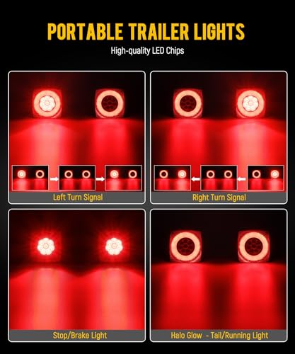 Image of Partsam 2PCS Wireless Magnetic LED Trailer Light Kit Square Portable Halo Glow Stop Turn Tail w / 7-Pin Plug Rechargeable 12-24V for Trucks RVs Tractors Towing