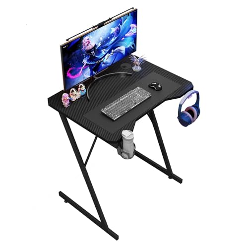 House Of Home 80cm Gaming Desk Small Computer Table with Carbon Fibre Finish Cup Holder & Headset Hook Compact Ergonomic Desk for Home Office or Gaming Setup Black