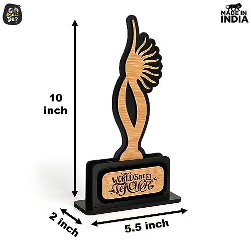 Image of GKD Gift for Teacher Awards and Trophy Worlds Best Teacher Beautiful Momento Teachers Day Gift Black and Bamboo Design with Wooden Cutwork Farewell Gift for Teacher (Size 10x6)
