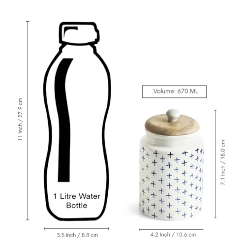 Image of ExclusiveLane 'StarMark' Multi-Utility Airtight Ceramic Jars For Kitchen Storage With Wooden Lid Ceramic Containers For Pickle Cookies Sugar Dry Fruits (Airtight, 670 ML, Hand-Painted, 18 Cm)