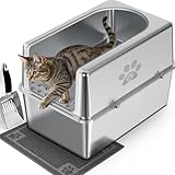 PWTAA Enclosed Stainless Steel Cat Litter Box with Lid, XL Metal Litter Box for Big Cats, Extra Large Cat Toilet with High Side, Non-Stick, Anti-Leakage, Odorless, with Cats Litter Mat & Litter Scoop