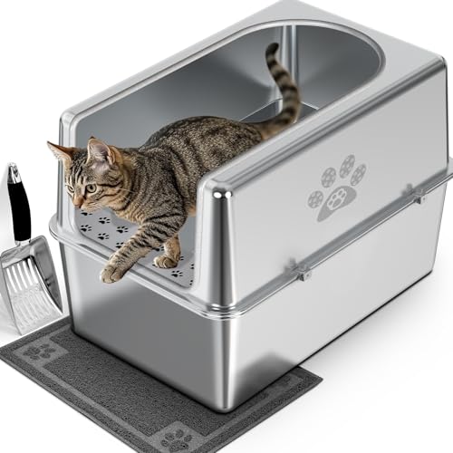 PWTAA Enclosed Stainless Steel Cat Litter Box with Lid, XL Metal Litter Box for Big Cats, Extra Large Cat Toilet with High Side, Non-Stick, Anti-Leakage, Odorless, with Cats Litter Mat & Litter Scoop
