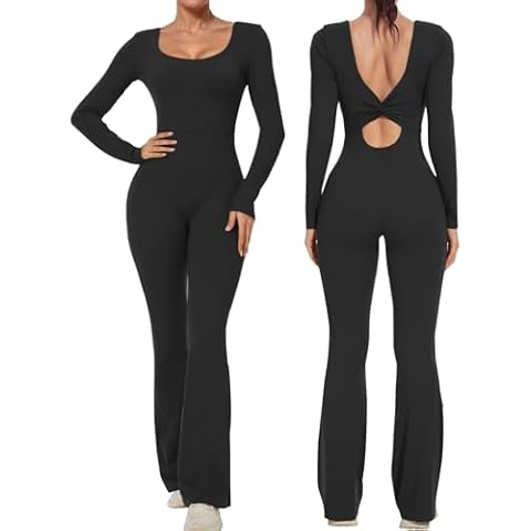 Wenlia Women's Workout Flare Jumpsuit Square Neck Long Sleeve Twist Back Cutout Full Length Unitard Shapewear Black S Cover