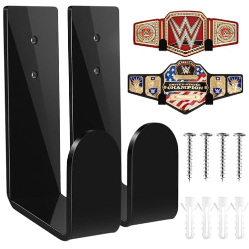 Goqeut Championship Belt Wall Mount Display Holder Set, Professional Wrestling Title Belt Hanger for WWE AEW Belts, Easy Install Wall Organizer Rack (2Pcs Black)