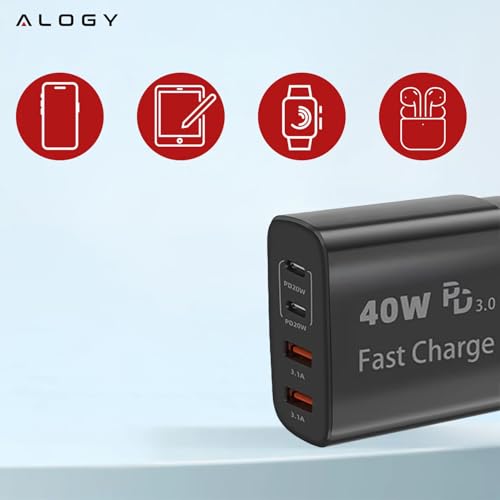 Alogy 40W Szybka Ładowarka do telefonu 2x USB-C, 2x USB-A do iPhone 16 16e 15 14 13 12 11 Pro, iPad, Google Pixel 9 8 7 6, Samsung Galaxy S25 S24 S23 S22 Ultra, ładowarka PD+QC Gniazdo Zasilania