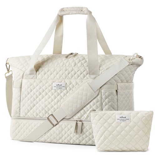 Image of ETRONIK Travel Bag, Weekender Bags for Women, Personal Item Travel Bag with Wet Pocket, Duffel Bag for Travel with Shoes Compartment, 48L Hospital Bag for Labor and Delivery (Beige)
