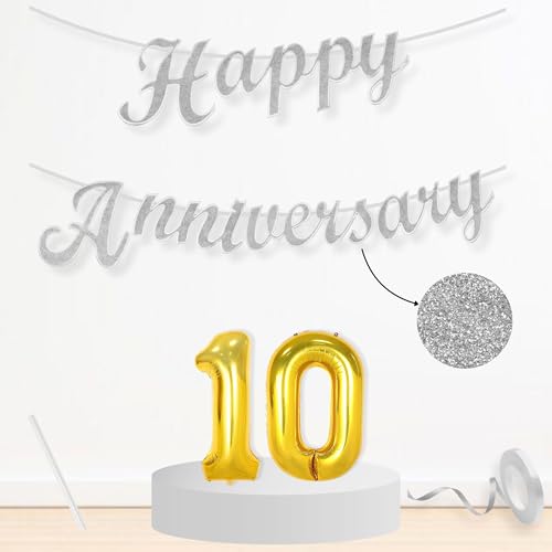 Image of Flyloons 10th Happy Anniversary Banner Silver Decorations Kit for Men Women Wedding Anniversary Banner Items without Balloons