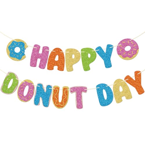 Firefairy Happy Donut Day Banner, National Doughnut Day Party Decor, Pre-Strung Donut Day Decorations