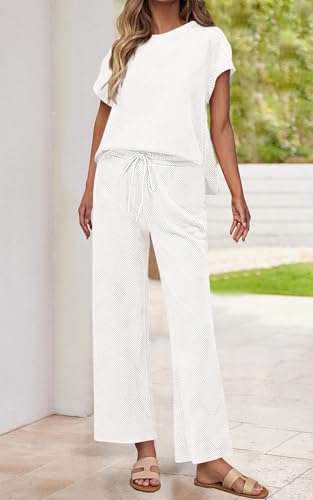 Image of PRETTYGARDEN 2 Piece Outfits For Women Casual Tracksuit Short Sleeve Tops And Wide Leg Long Pants Matching Lounge Sets