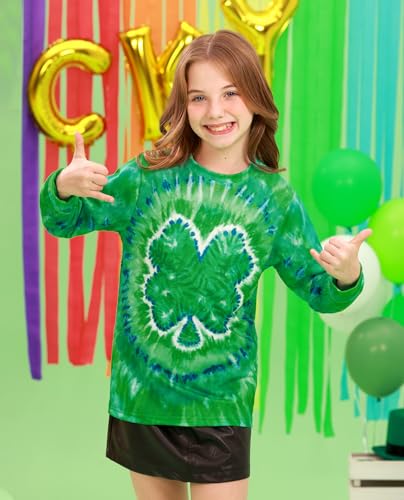 Image of Unisex Kids St. Patrick's Tie Dye Irish Clover Long Sleeve Shirt Shamrock Green Sweatshirt 6-14 Years