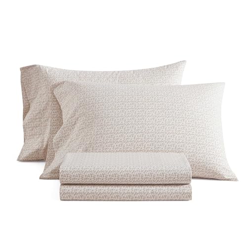 Image of Martha Stewart - King Size Sheets Set, Crisp & Tailored Cooling Sheets w /a Naturally Smooth Cotton Percale Lightweight Feel - Bed Sheets with Matching Pillowcases & Fitted Sheet (Leaves Beige)