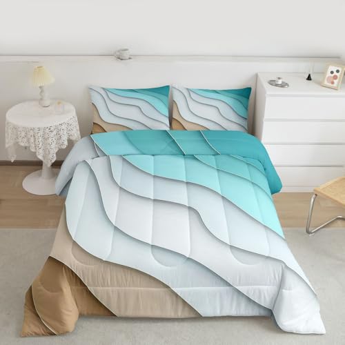 Feelyou Abstract Ombre Comforter Set Ocean Waves Bedding Set Decor Blue Sea and Beach Tropical Summer Contemporary Comforter Room Decor 3Pcs King Size