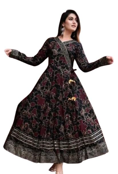 attirezilla Black Flared Anarkali Dress for Women, Graceful Floral Print, Full Sleeves, Elegant Ethnic Wear-picture-31