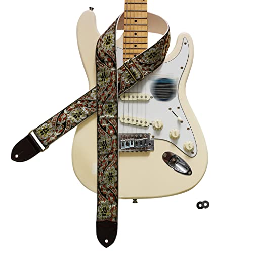 MUSIC FIRST Original Design, 2 inch width (5cm), Vintage Style Embroidery Black Gold Electric Guitar Strap Bass Strap (Black Gold)