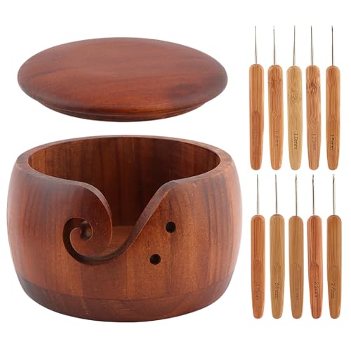 Image of Multifunctional Wooden Yarn Bowl with Holes Storage,Crochet Hooks,DIY Natural Embroidery Crocheting Storage(Dark Brown)