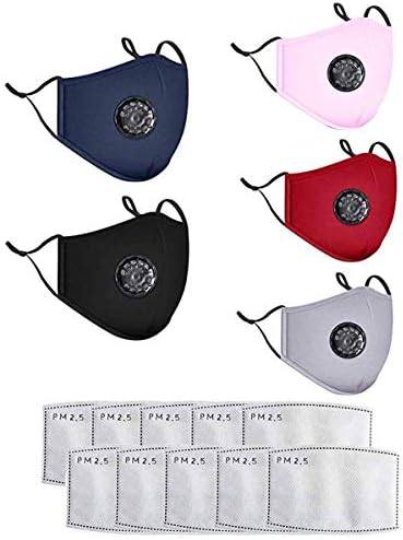 KellyKessa 5 Pack Colors Face Masks with 10 Carbon Filter, Cotton Blend Face Mask with Breathing Valve Washable Reusable (5 color)