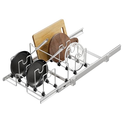 STORKING Pull Out Pots and Pans Organizer Under Cabinet, Sliding Adjustable Pot Rack with 11 Adjustable Dividers, Chromeplating Pot and Pan Holder Rack, Full-Extension Rail 15" W X 22" D