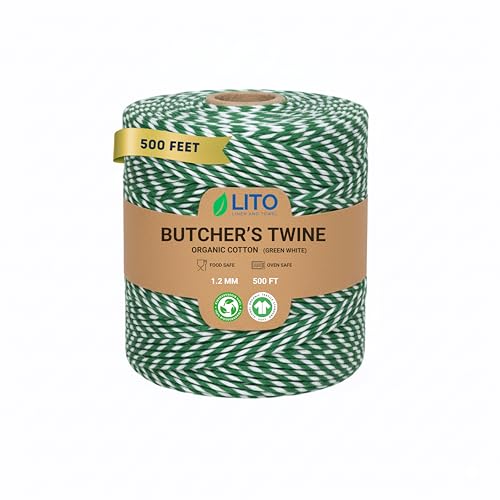 Image of LITO LINEN AND TOWEL 100% Cotton Twine Macrame Thread | Natural Cotton String for Cooking, Baking, Wrapping, Crafts, DIY Garden Decor & Gift Packaging (Green and White, 500 FEET)