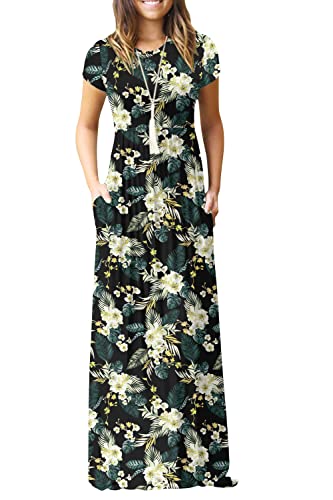 Image of EUOVMY Women's Short Sleeve Loose Plain Maxi Dresses Casual Vacation Long Dresses with Pockets