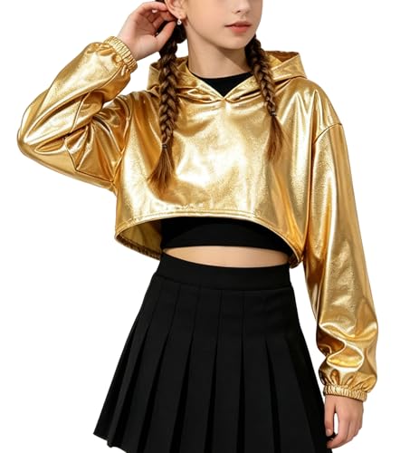 Image of NEAWEALY Girls Shiny Cropped Metallic Hoodie Long Sleeve Sparkly Pullover Sweatshirt Hip Hop Jazz Dance Crop Top Party Wear Gold 12-13 Years