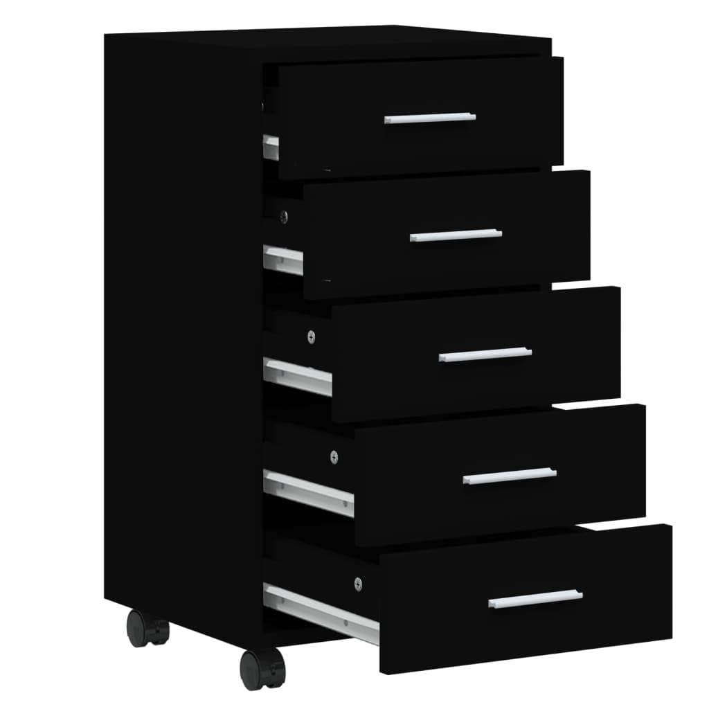 Cassettiera con ruote, in legno nero, 5 cassetti, per ufficio e casa, 33 x 38 x 63 cm