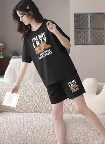 Image of Women Korean Cotton Blend Night Suit | Printed Shorts Sleepwear Set | Short Night Dress Set for Women | Soft Printed T-Shirt & Shorts Pajama Set | Comfortable Summer Nightwear for Ladies & Girls