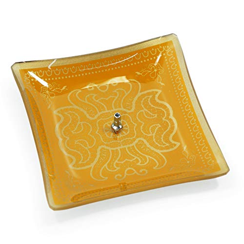 Incensário Vidro Quadrado Porta Incenso c/ 8 Incensos Vareta (Laranja e Dourado 1)