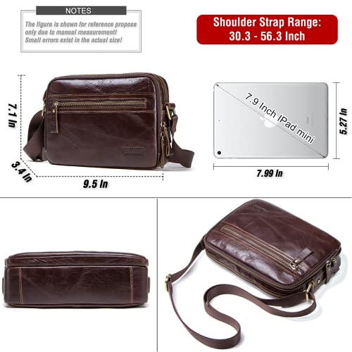 Top Grain Genuine Oil Leather 8.3" Crossbody Bag For Man & Woman, Multi Pockets & Adjustable Strap, Retro Handmade Fits 7.9" Ipad, Portable Messenger Bag For Daily/Business/Travel Use, Red Coffee #TOP3