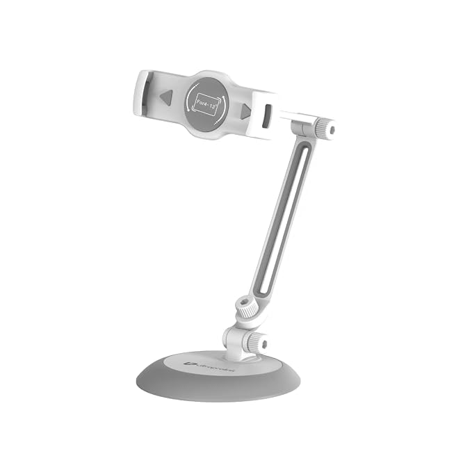 ULTRAPROLINK Jeeves Universal Table Top Mount | White | Compatible with 4-13 Screen Phones & Tablets | Foldable, Desktop Stand & Holder | Multiple Viewing Angles with Adjustable Height | UM1085