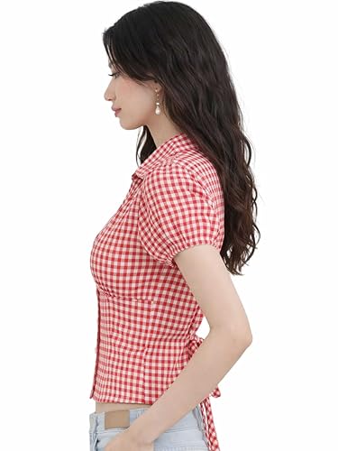 Image of Women V-Neck Puff Sleeve Crop Top with Back Tie-Up Detail