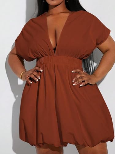 Image of WDIRARA Women's Plus Size Deep V Neck Bubble Dress Short Sleeve A Line Mini Dresses