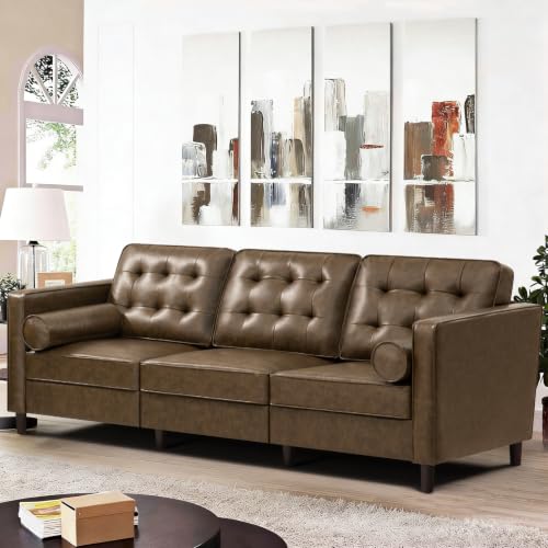 Image of 84 inch Premium Faux Leather 3-Seat Sofa w /2 Bolster Pillows and Tufted Backrest, Mid-Century Modern Sofa, Luxury Couch for Living Room, Bedroom, Office, Coffee Brown