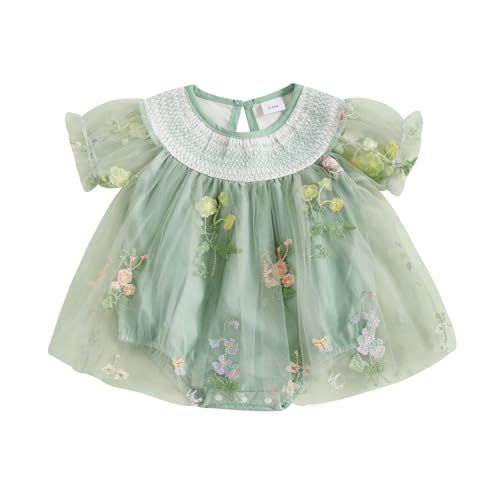 Baby Girl Tulle Tutu Romper Dress Flower Embroidery Short Sleeve Fairy Smocked Dresses Party Princess Sundress