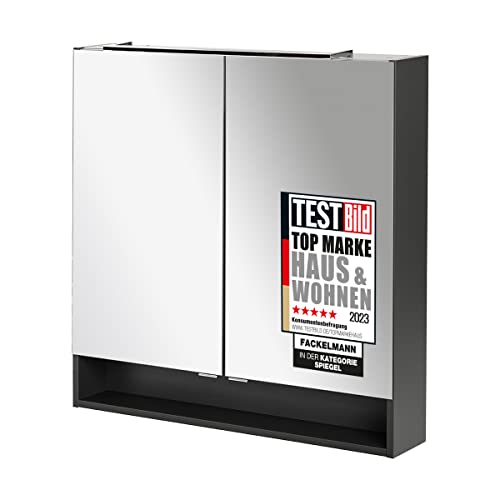 FACKELMANN Luna Spiegelschrank, Badezimmerschrank, 80 cm x 80 cm x 15,5 cm, Korpus Schwarz/Anthrazit, LED-Beleuchtung, mit Soft-Close-System, Made in Germany