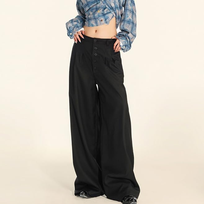 Pantaloni Da Donna A Vita Alta Con Bottoni, Casual, Gamba Larga, Eleganti Da Lavoro, Fluidi E Plissettati