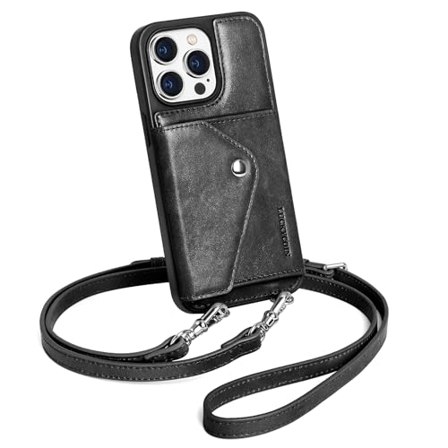 LUCKYCOIN Crossbody Phone Case for iPhone 14 Pro Max,Genuine Leather Wallet Case with Expandable Flip Card Holder,Black Phone Purse for Women with Adjustable & Removable Strap,Travel/Shopping/Parties
