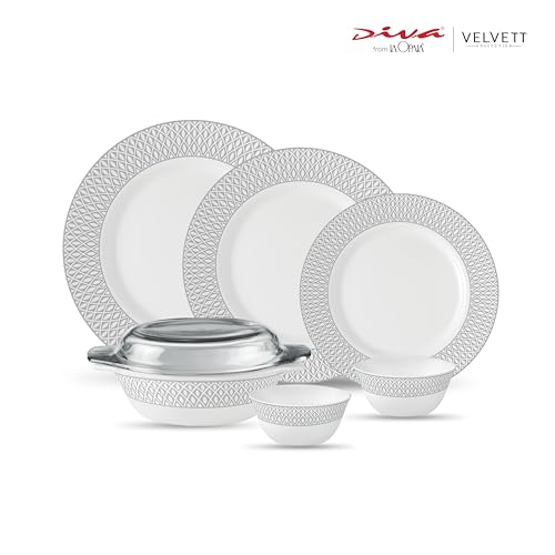 Image of La Opala Diva Velvett Collection Opal Glass Crockery | for Family of 6 | Dinner Set 35 pcs Tudor Grey | Plates & Bowls for Dining | Microwave Safe | 100% Vegetarian | Extra Strong | Light & White