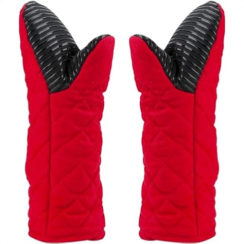 Puppet Oven Mitts Red Cotton Silicone Non-Slip Long Sleeve Arm Soft,Oven Gloves for Women Mum Hot 500℉ Heat Resistant Hand Safe Microwave Home Kitchen Chef Cooking Baking Cookie 13" 2 Pack Cover