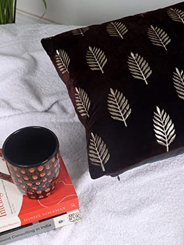 Image of Decoghar Brown Handmade Sofa Cushion Covers | Golden Zari Leaf Embroidered Square Throw Pillow Cushion Cover | | 16 X 16 Inch | Pack of 3
