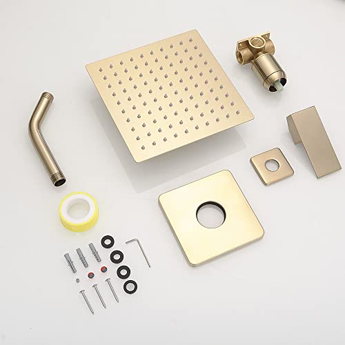 Juego de grifo para ducha en acabado dorado cepillado, sistema de ducha con cabezal lluvia de 8 pulgadas y manija única, kit completo con válvula empotrada miniatura 6