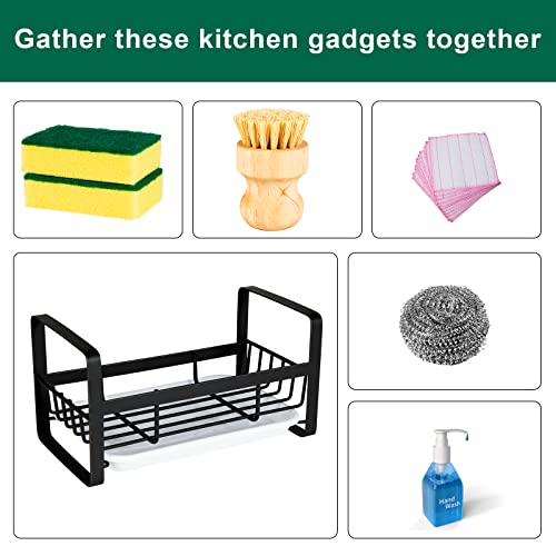 Tezz Sponge Holder For Kitchen Sink- Stainless Steel Kitchen Sink Caddy For Organizing Sponge, Brush & Soap Dish Dispenser, Kitchen Sink Organizer Rack With Adhesive Or Counter Top, Black #TOP6